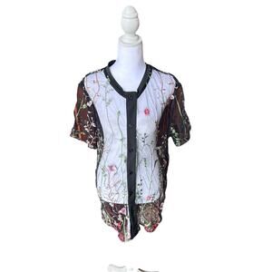 Embroidered Floral Sheer Mesh Button-Down Top